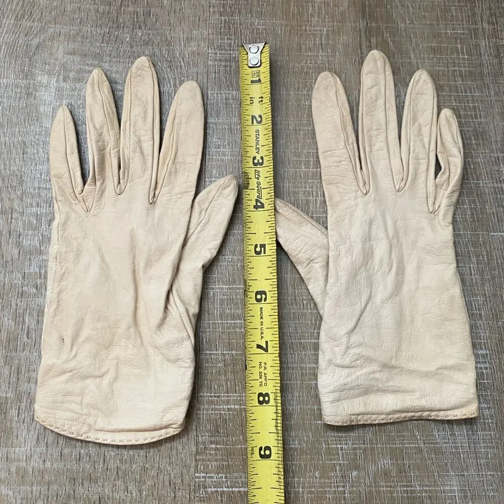 Rare 60s Vintage Christian Dior Leather Gloves Silk Lined Sz Small Ivory Cream